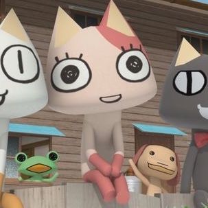 an animated image of three cats standing next to each other in front of a house