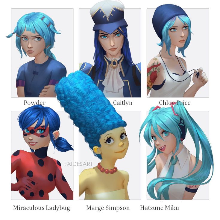 six anime characters with blue hair and different hairstyles, all wearing sailor hats