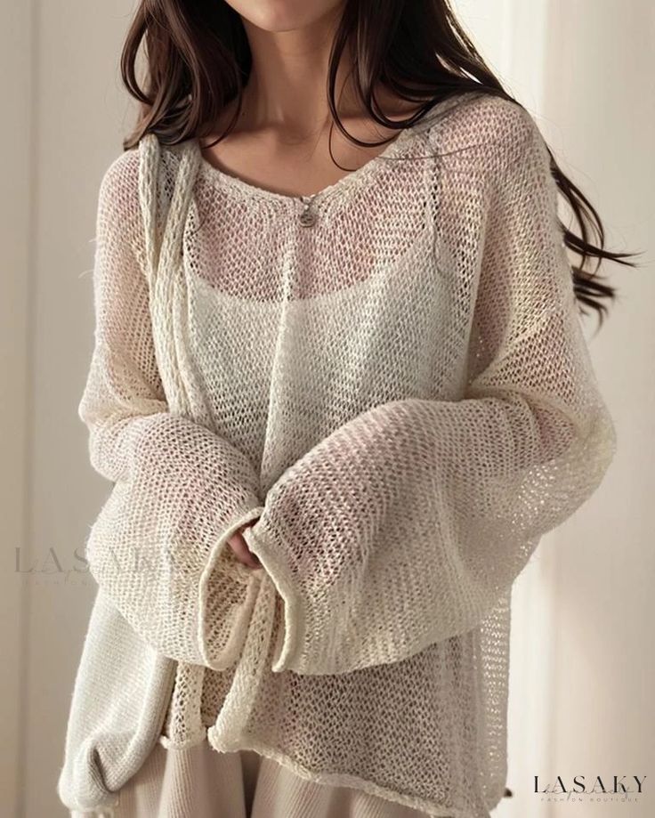 Lasaky - Stylish Long-Sleeved Knit Top with Hollow Grid Pattern and Sun Protection Feature, Featuring a Classic Round Neck Design Women Fashion Casual, Streetwear Chic, Lazy Style, Mode Crochet, Crochet Cover Up, Loose Sweater, Women Sleeve, Full Sleeves, Casual Streetwear