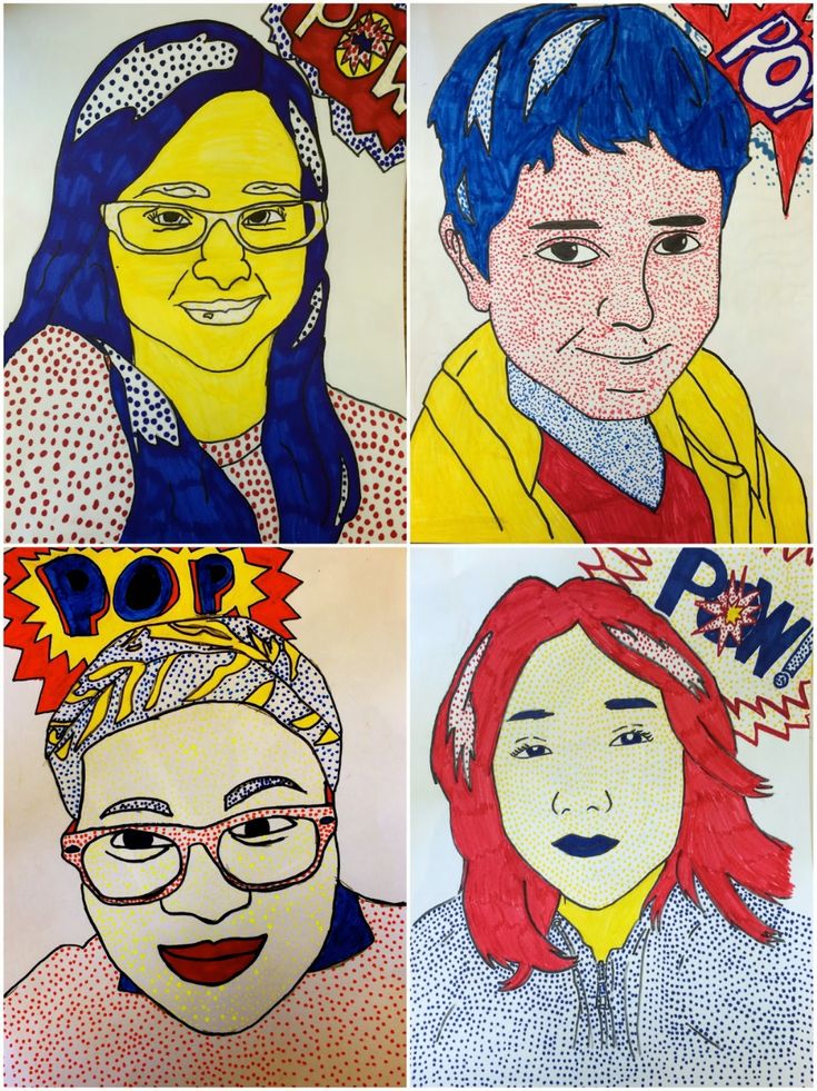 four different colored drawings of people with glasses