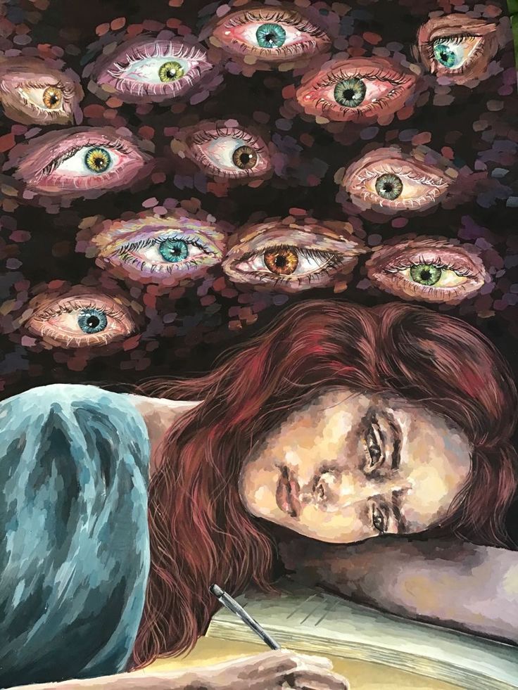 a painting of a woman laying in front of many eyeballs