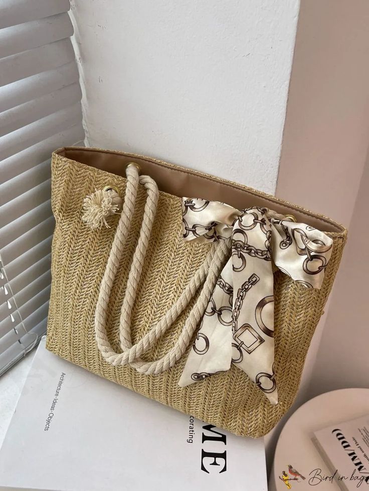 BirdinBag - Straw Bag with Twilly Scarf Accent Chic Gift Shoulder Bag, Beige Satchel Gift Bag, Beige Satchel For Gifts, Casual Gift Shoulder Bag, Beige Handheld Gift Bag, Casual Shoulder Bag Suitable As Gift Bag, Casual Shoulder Gift Bag, Beige Shoulder Gift Bag, Chic Square Gift Bag