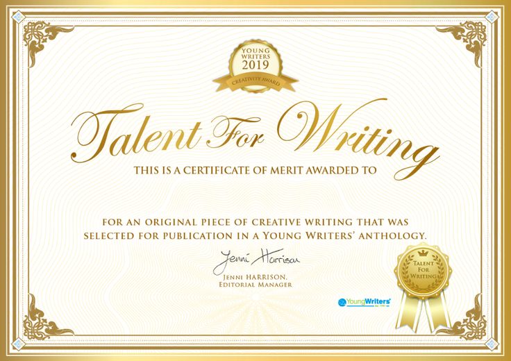 a certificate for writing with gold trimming and an award seal on the bottom corner