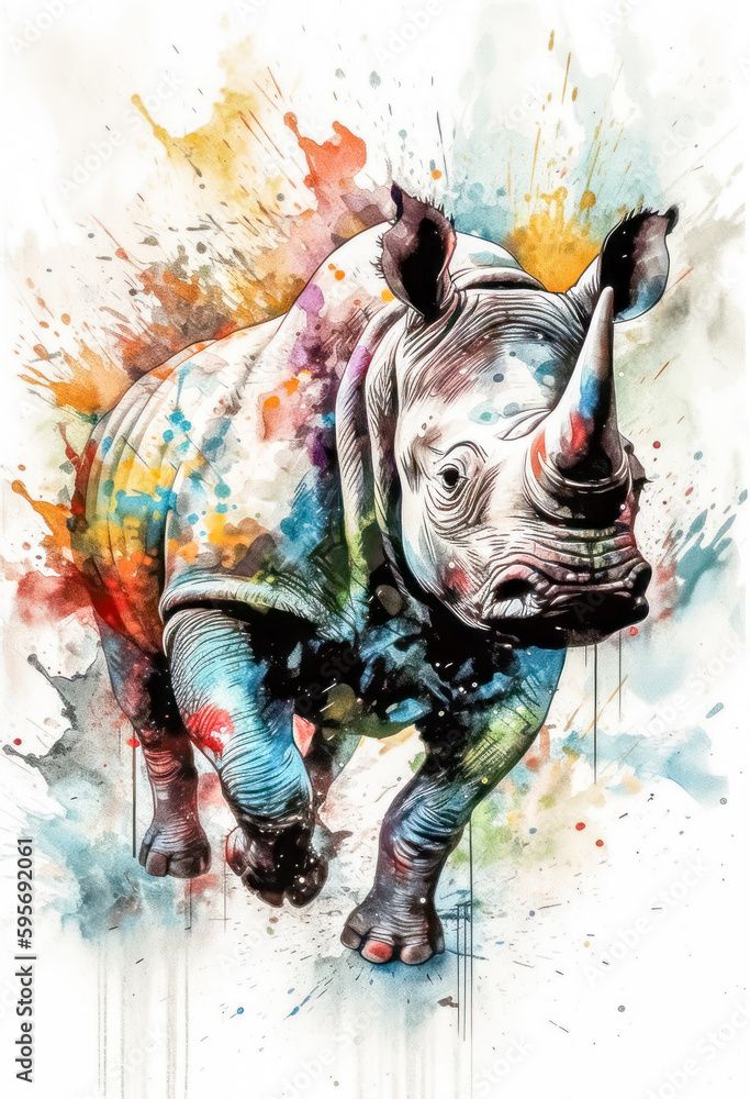 the rhinoceros are painted in different colors and sizes, including watercolors