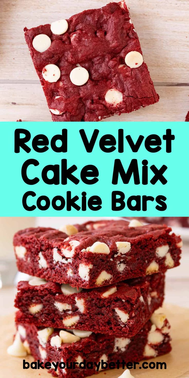 Red Velvet Cake Mix Cookie Bars Red Velvet Cake Mix Recipes, Red Velvet Cookie Bars, Red Velvet Cake Cookies, Red Velvet Cake Mix Cookies, Cake Mix Bars, Cake Mix Cookie, Chocolate Cookie Bars, Cake Mix Cookie Bars, Cookie Bars Easy