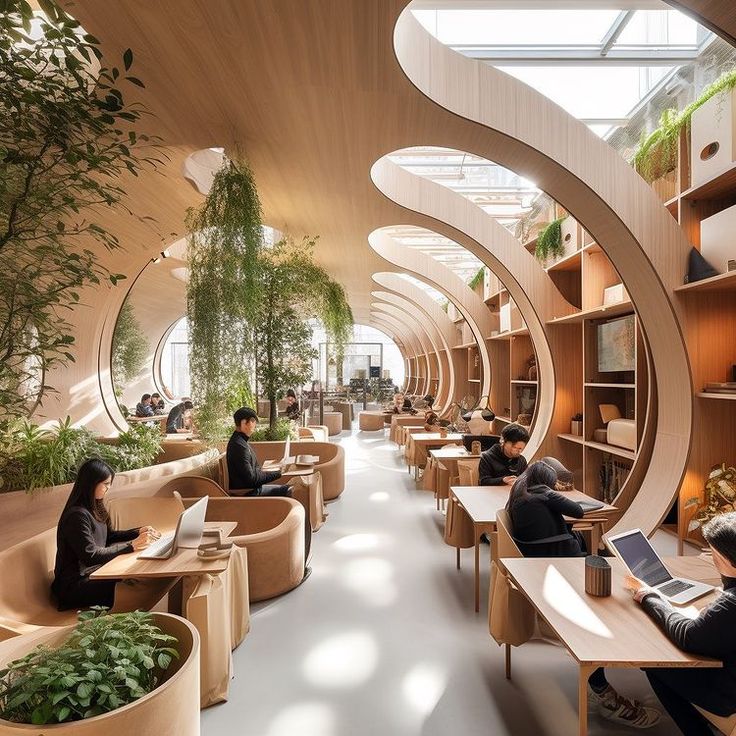 people are sitting at tables and working on their laptops in the open air library