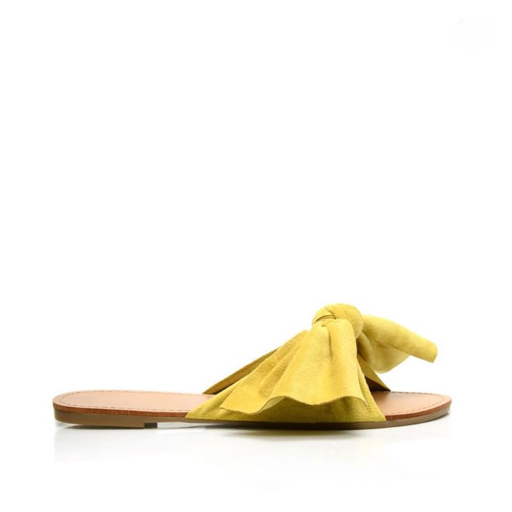 Bow Tie Suede Yellow Sandal Chic Adjustable Flip Flops For Summer, Chic Flip Flops For Spring Day Out, Chic Adjustable Flip Flops For Spring, Chic Adjustable Spring Flip Flops, Yellow Summer Flip Flops For Spring, Chic Yellow Sandals For Beach, Chic Yellow Beach Sandals, Yellow Summer Sandals For Day Out, Yellow Sandals