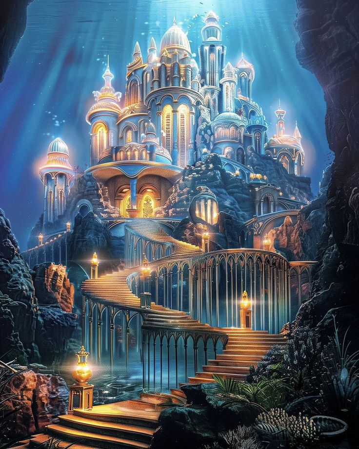 an underwater castle with stairs leading up to it and lights shining down on the building