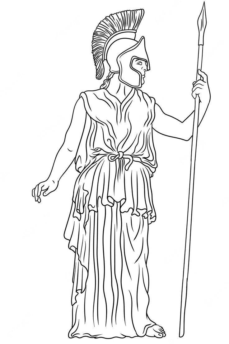 an ancient greek man holding a spear and wearing a headdress, standing in front of a white background