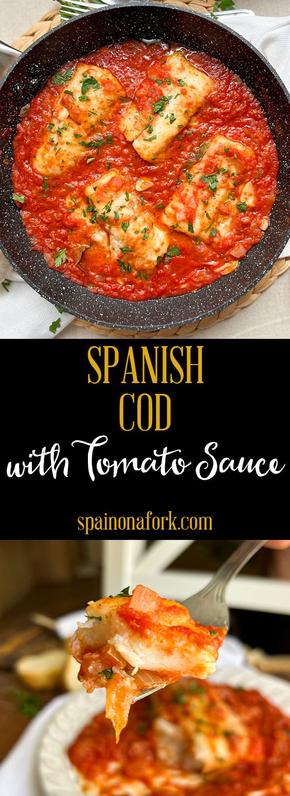 spanish food with tomato sauce in a skillet and on a white plate next to another dish