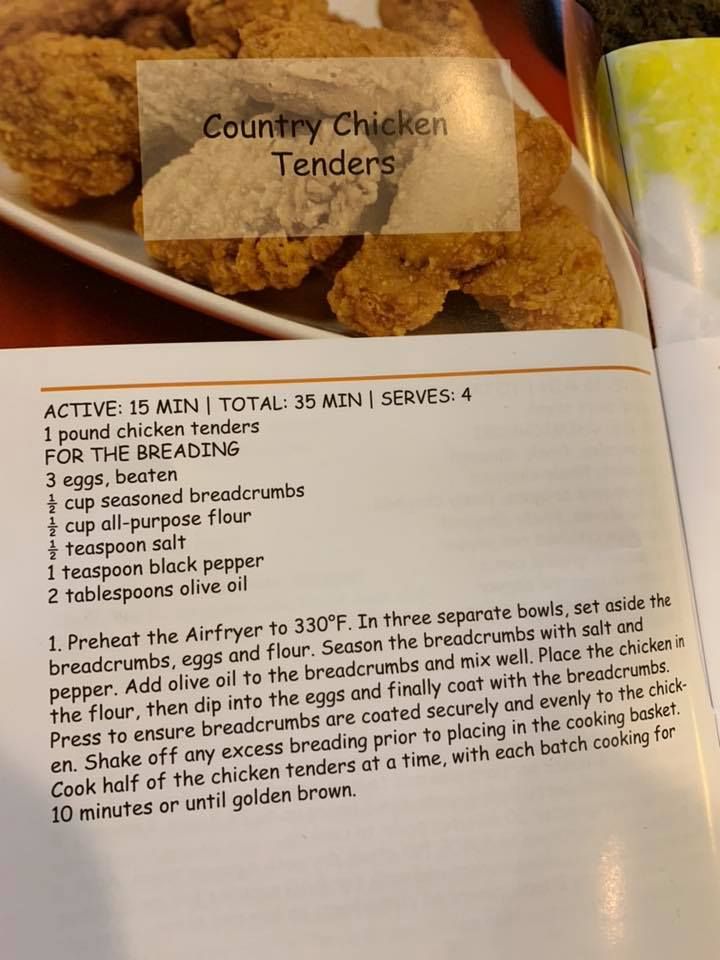 an open recipe book with chicken tenders on it