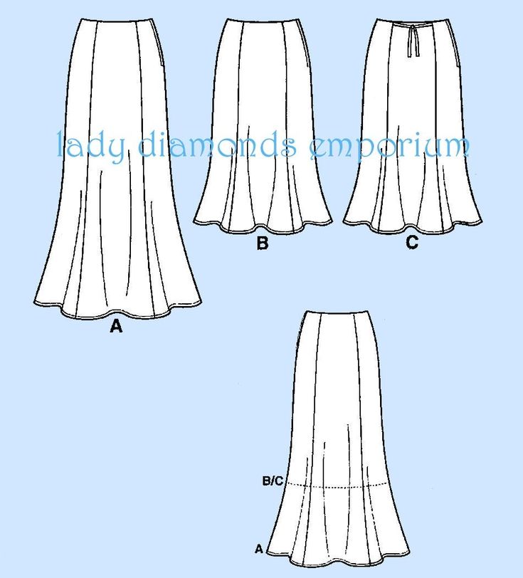 the skirt pattern is shown in three different ways