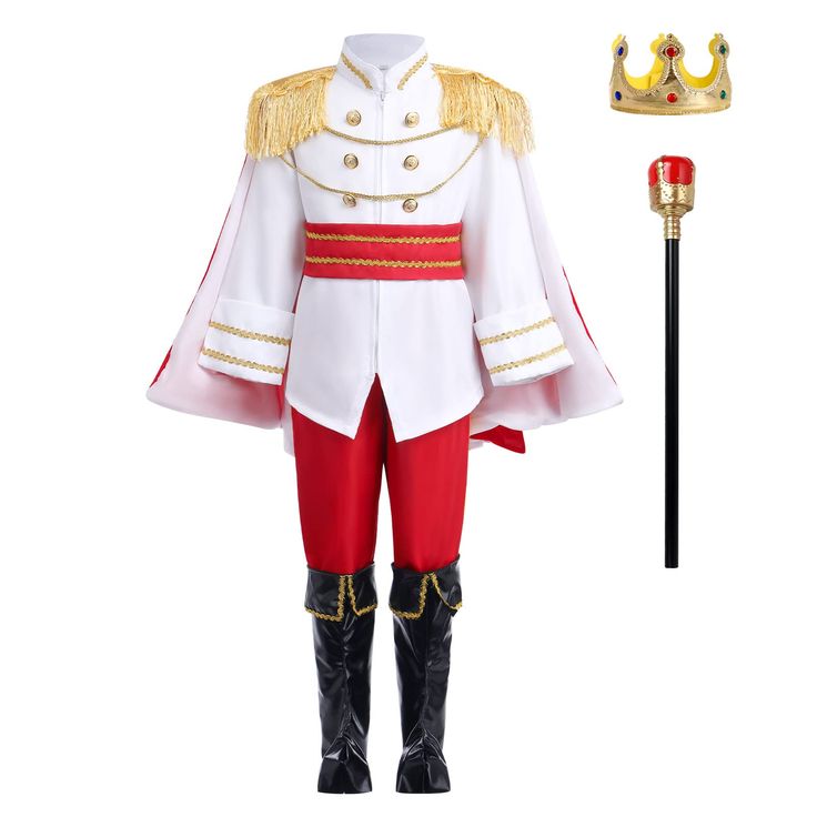 PRICES MAY VARY. ♚ Toddler Kids Boys Prince Charming Costume : Kid's snow white cinderella Prince Charming costume comes with a white tunic top with gold accents, red pants, and a gold belt, plus with a crown headband/truncheon/rose to complete the overall look. This outfit to recreate the look straight from the classic Disney animated film. It will take boys back to the renaissance era to rule the land far and wide during dress-up play. ♚ Comfortable Fabric: King costume for boys, Carnival part Royal Prince Outfit, Prince Outfit, Prince Charming Costume, Royal Prince, Toddler Kids, Prince Charming, Costume Halloween, Prince, Dress Up