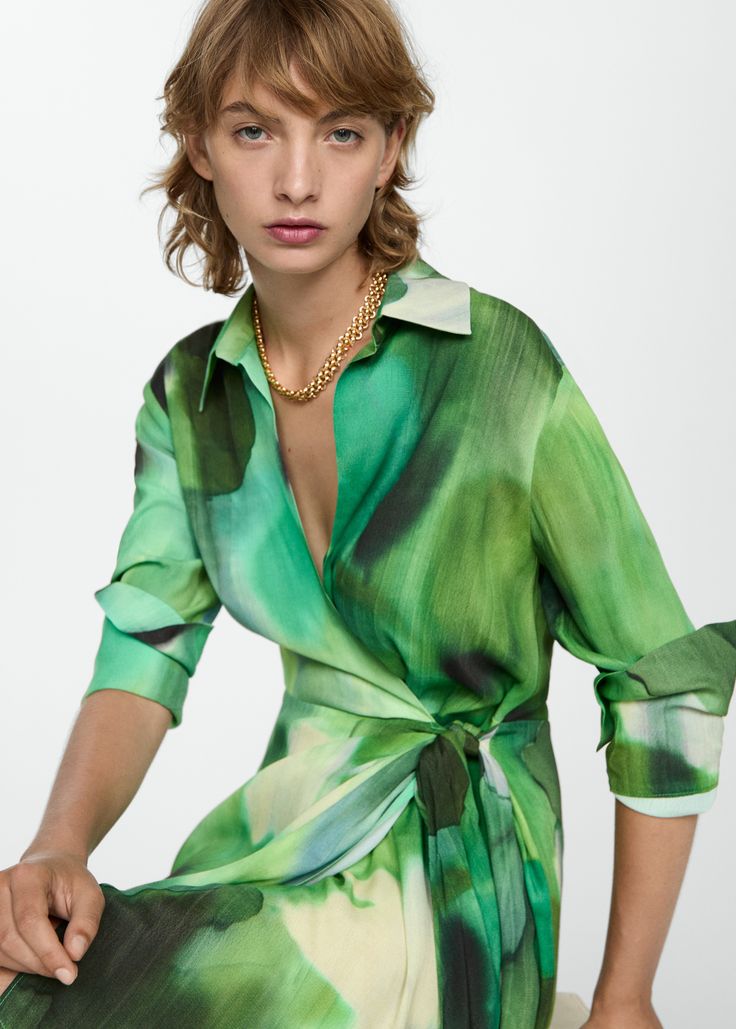 Printed bow dress - Woman | MANGO USA Long Sleeve Silk Shirt Dress For Summer, Summer Workwear Dress With Tie Neck, Chic Midi Dress With Tie Sleeves For Daywear, Elegant Green Shirt Dress For Work, Chic Collared Dress With Tie Waist, Elegant Green Formal Shirt Dress, Elegant Green Shirt Dress For Formal Occasions, Chic Silk Collared Dress, Elegant Green Shirt Dress For Summer