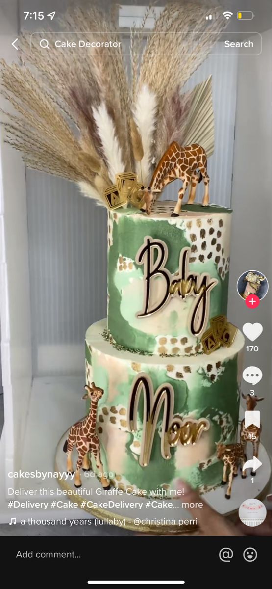 a baby shower cake decorated with giraffes and feathers