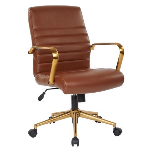 a brown leather office chair with gold arms