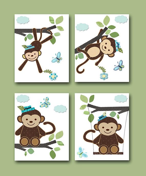 four monkey pictures with pink flowers on them