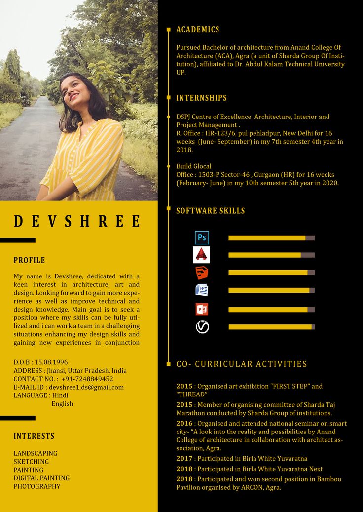 a yellow and black resume with an image of a woman on the front, side and back