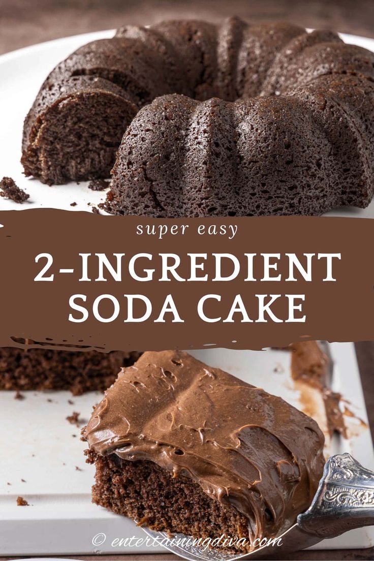 two - ingredient soda cake with chocolate frosting on a white plate and title overlay