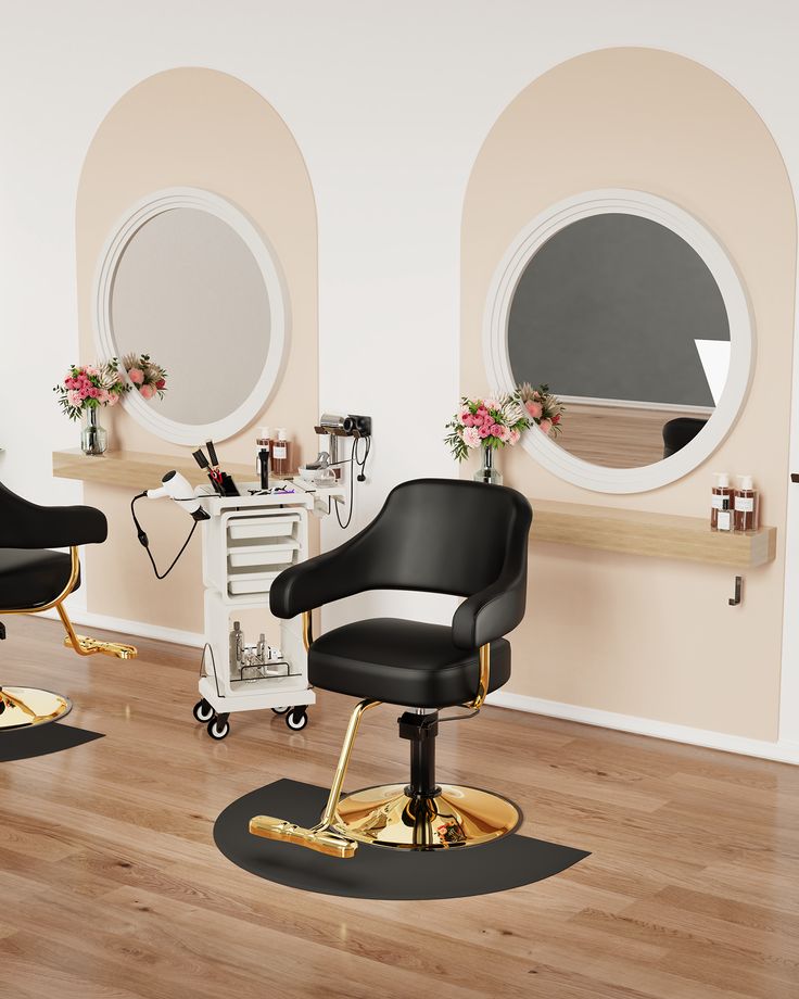 two salon chairs in front of round mirrors on the wall, one black and gold