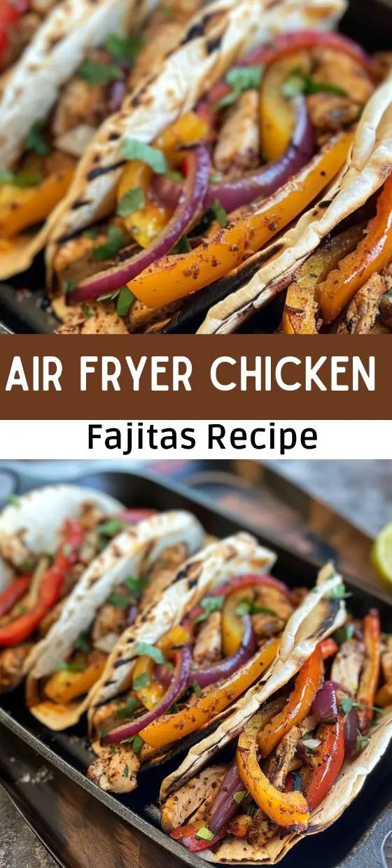 two pictures of chicken fajitas with peppers and onions