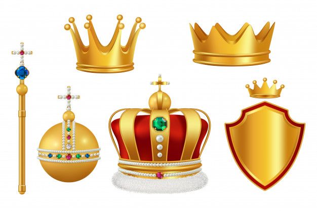 golden crowns and shields on white background