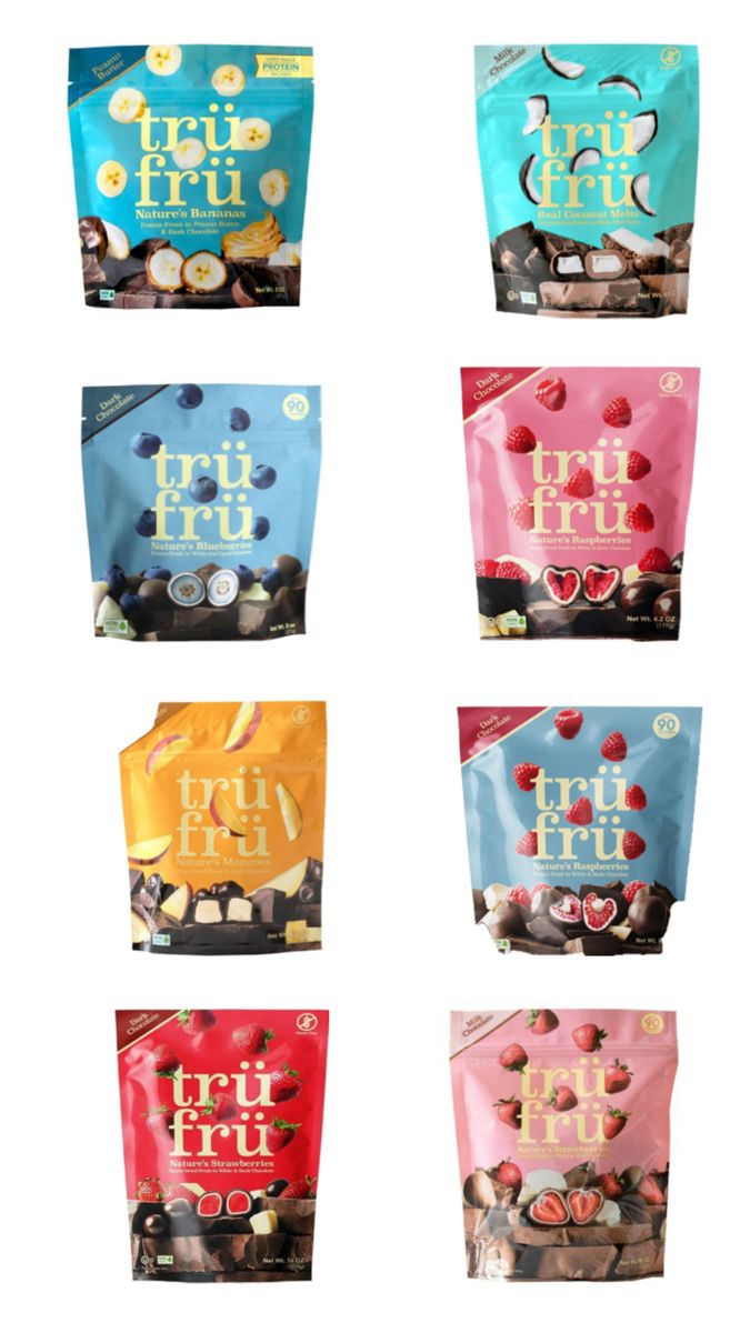 six bags of fruit and nuts are shown in different colors, with the words fruit fru written on them