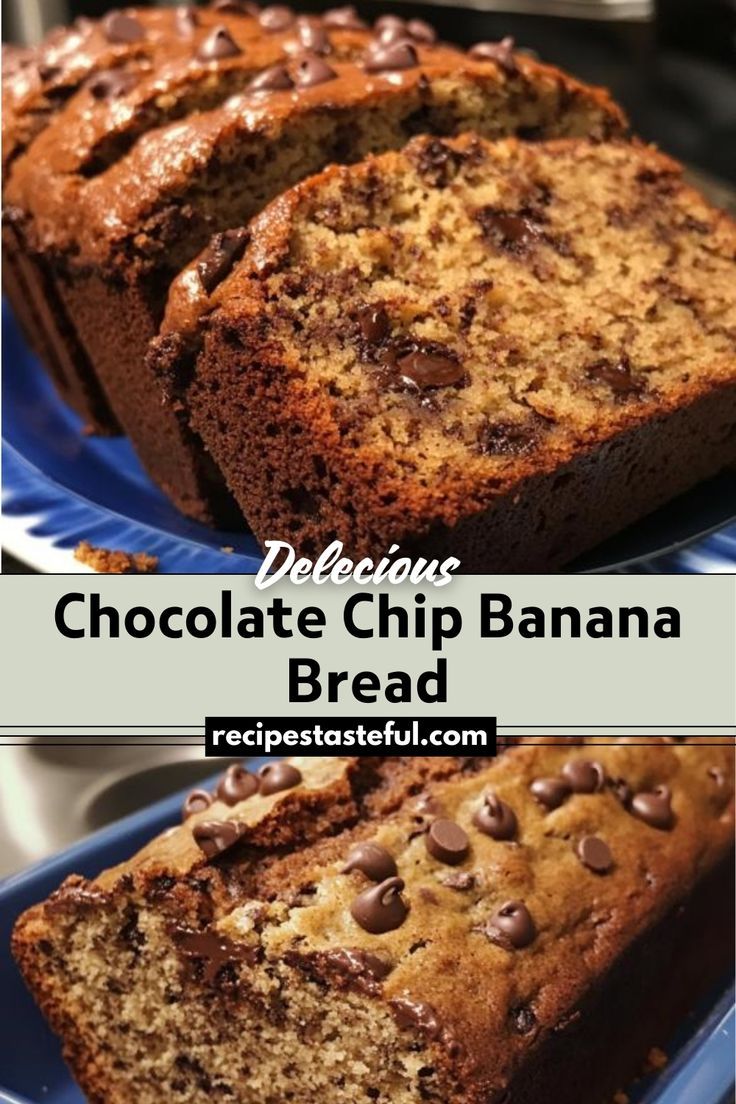 chocolate chip banana bread is cut into slices and placed on a blue plate with the words delicious