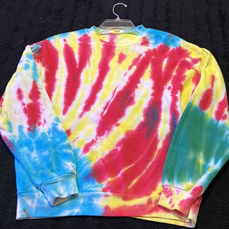 Tie Dyed Sweatshirt Size Small New Hand Dyed Multicolor Relaxed Fit Sweatshirt, Casual Multicolor Hand Dyed Sweatshirt, Casual Rainbow Crew Neck Sweatshirt, Multicolor Relaxed Fit Bleached Tops, Multicolor Bleached Crew Neck Top, Hand Dyed Rainbow Tops For Spring, Hand Dyed Yellow Cotton Tops, Tie Dye Rainbow Print Crew Neck Top, Tie Dye Crew Neck Top With Rainbow Print