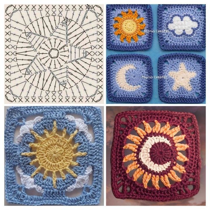 four different crocheted squares with sun, moon and clouds