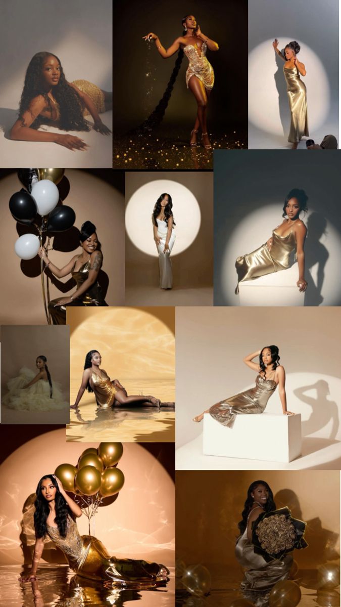 the collage shows many different images of women in gold and black outfits, with balloons