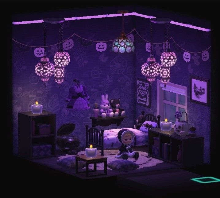 Room Idea for Animal Crossing New Horizons Whimsigoth Animal Crossing, Acnh Spooky Bedroom, Dark Animal Crossing Theme, Gothic Animal Crossing New Horizon, Animal Crossing Design Codes Goth, Acnh Gothic Bedroom, Goth Island Animal Crossing, Black Cosmos Animal Crossing, Acnh Goth House Interior