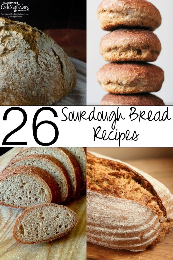 some breads are stacked on top of each other with the words, 26 sourdough bread recipes