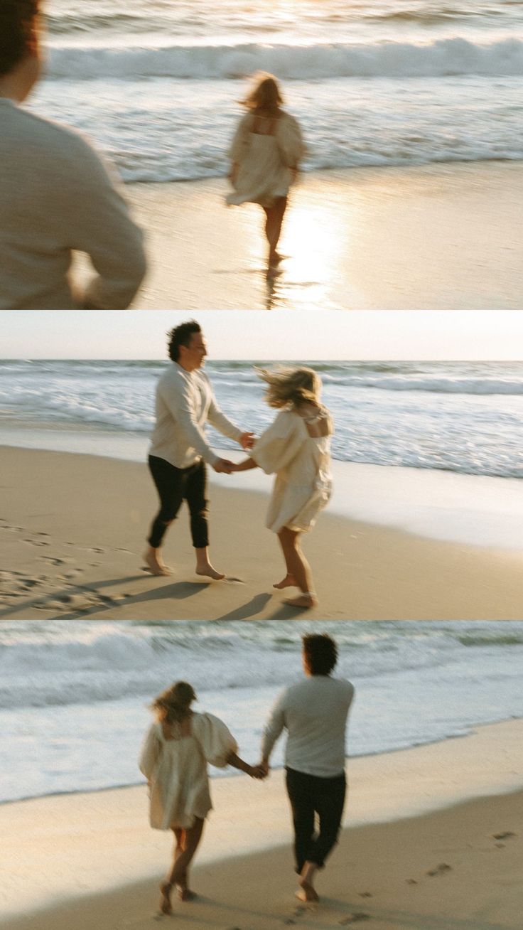 two people holding hands while walking on the beach with another person in the water and one man running towards them