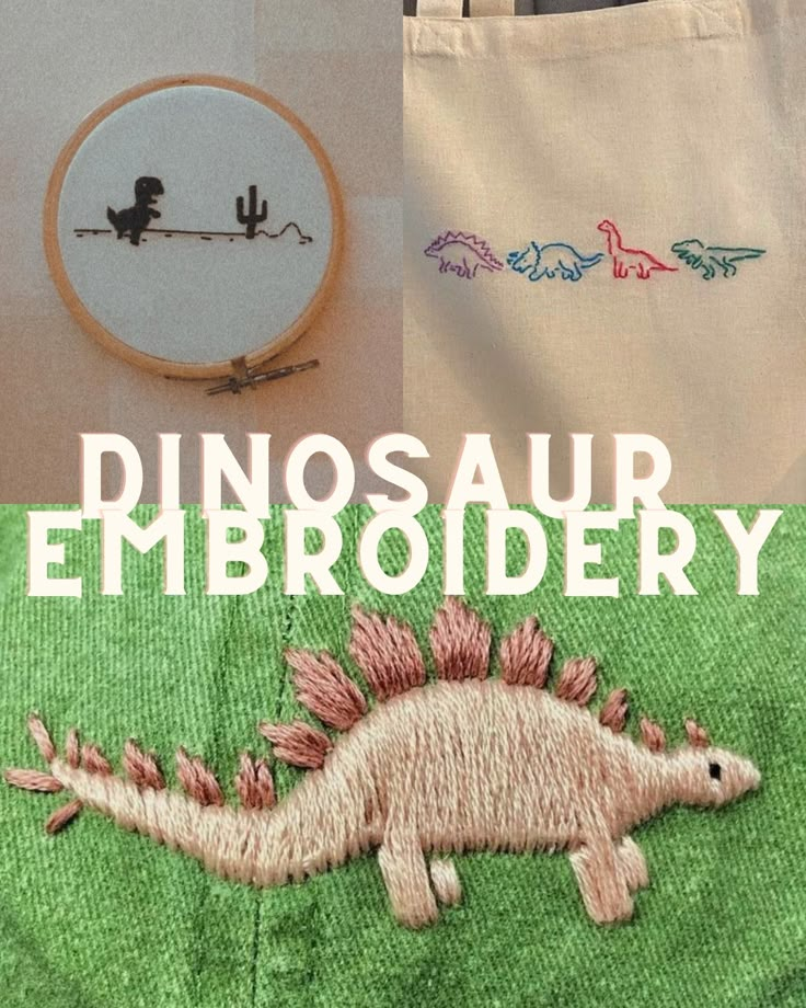 an embroidered dinosaur is sitting next to a bag