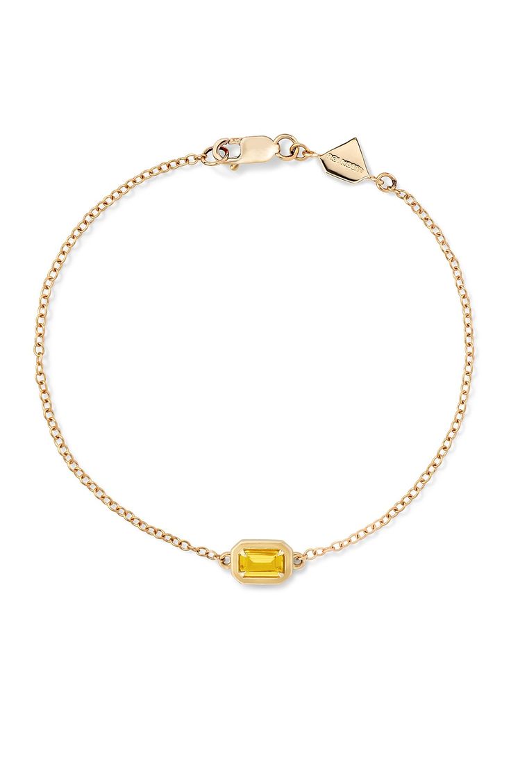 Add a pop of color to your wrists with our signature 14K Yellow Gold Rectangular Cocktail Bracelet featuring colored enamel and lab-created gemstones. Due to the custom nature of this product, please allow 20 business days for production. These are final sale. Please note, this is sold as a single, complete earring. Stone & setting: 7mm x 5mm, 6.5" total length, 14K Yellow Gold, Made in New York City Fine Jewelry With Rectangular Gemstone Accents, Fine Jewelry With Gemstone Accents Rectangular Shape, Octagon Yellow Gold Jewelry With Gemstone Accents, Yellow Baguette Cut Fine Jewelry, Modern Octagon Jewelry With Bezel Setting, Modern Rectangular Faceted Jewelry, Modern Faceted Rectangular Jewelry, Fine Jewelry With Polished Rectangular Stone, Yellow Gold Faceted Jewelry With Rectangular Stone