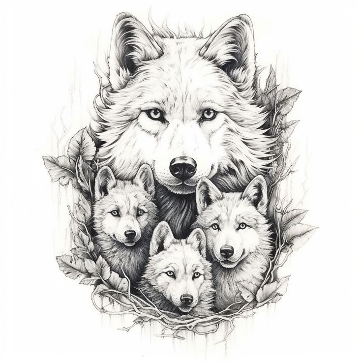 a drawing of three wolfs with leaves around them