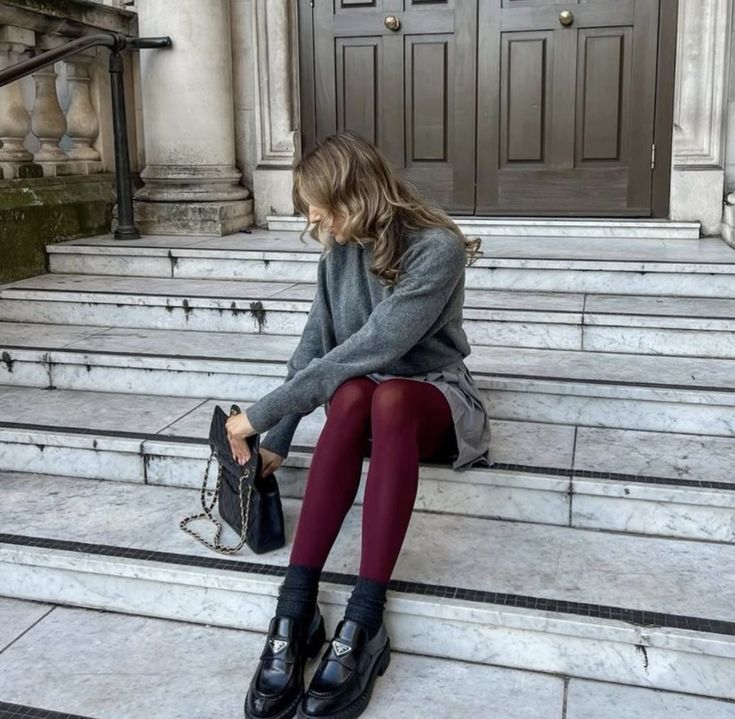 Burgundy Tights Outfit, Burgundy Skirt Outfit, Burgundy Tights, Aesthetic Overalls, Pumpkin Stand, Maroon Outfit, Aesthetic Business, Red Tights, Denim Jacket Outfit