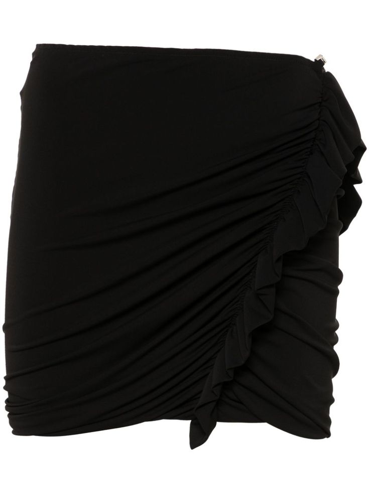 black stretch-design asymmetric design elasticated waistband ruffled detailing draped detailing thigh-length pull-on style Black Ruffle Skirt, Ruffled Mini Skirt, Mini Skirt Black, The Attico, City Dress, Asymmetrical Design, Summer Beach Wear, Green Skirt, Black Ruffle