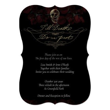 a black and gold wedding card with roses on the front, and a skull in the middle