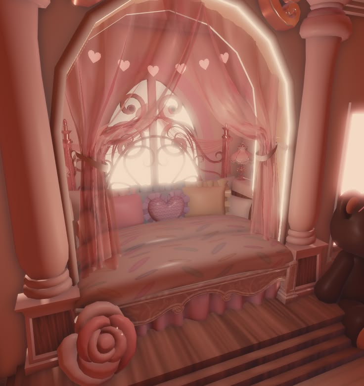 a bed with pink curtains and hearts on the headboard is in front of a window