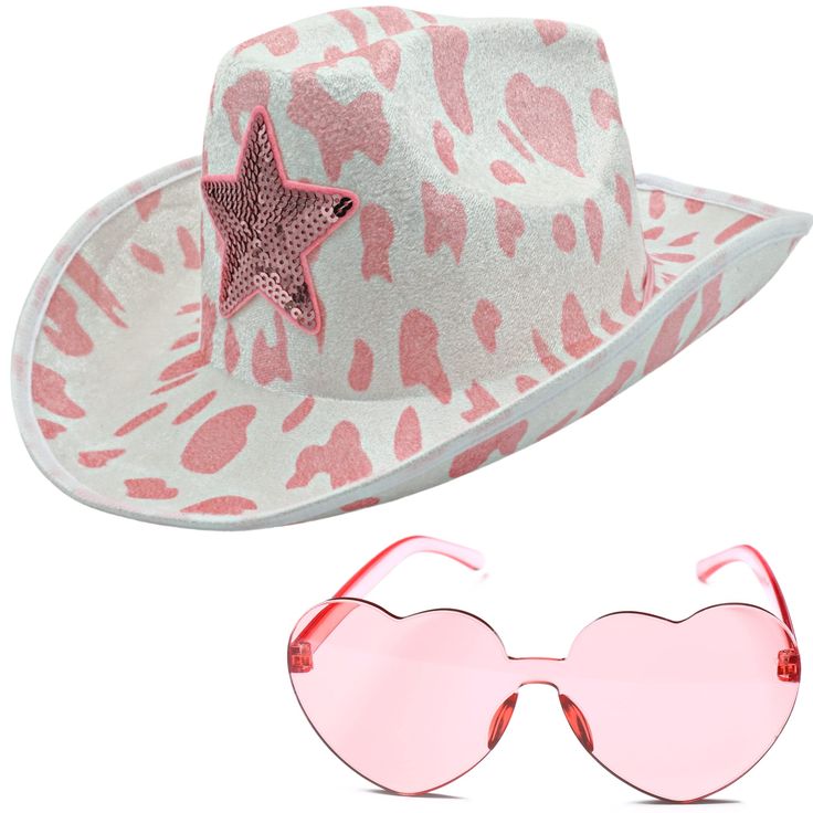 a white cowboy hat and pink sunglasses on a white background with the image of a star