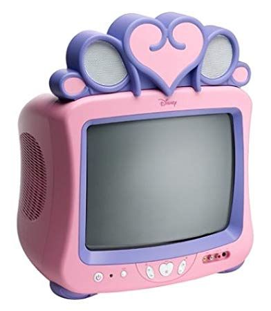 a pink and purple toy tv with hearts on it's top, sitting in front of a white background