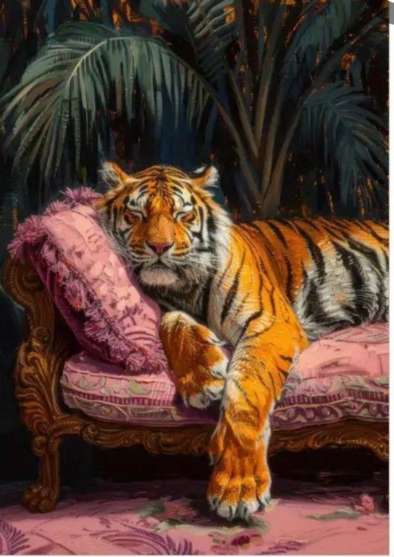 a tiger laying on top of a pink couch in front of a palm tree,