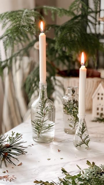 two candles are sitting on a table with evergreen branches and other greenery around it