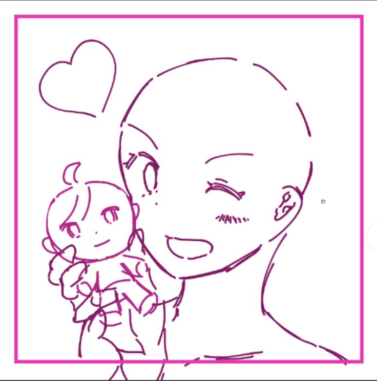 a drawing of a woman holding a small child in her arms with hearts above her head