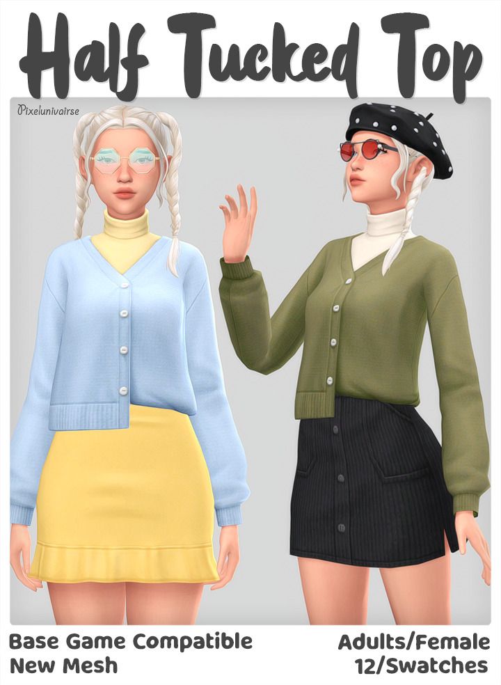 two women wearing hats and sweaters with text that reads, hayf tucked top base game compatible adult / female new mesh