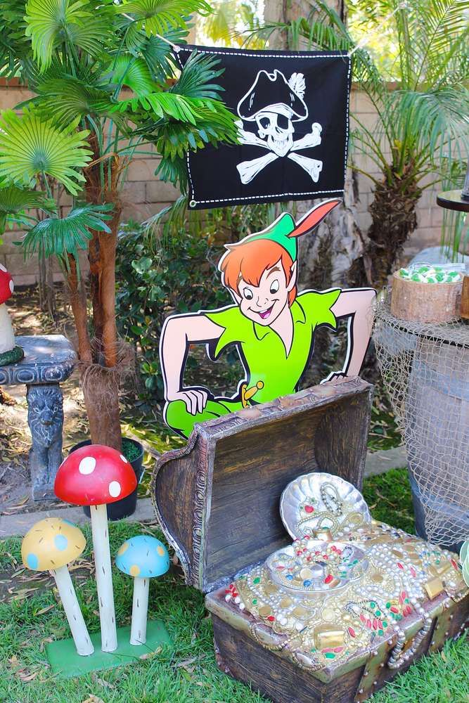 a pirate themed birthday party with an old trunk and other items on the grass in front of it