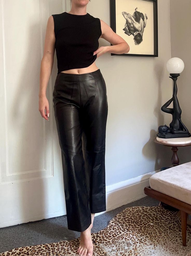 Perfect high waist, straight leg leather pants from Danier Label: Danier (label is cut off) Material: Leather Condition: Very Good, nice soft leather. No issues! Size estimated 6/Medium Waist: 29" Front Rise: 13" Hip: 42" Inseam: 30.5" High-waisted Leather Pants For Work, Trendy Wide Leg Leather Pants, Straight Leg Leather Bottoms For Spring, Spring Straight Leg Leather Bottoms, Casual High Waist Leather Pants, Fitted Leather Straight Pants, Casual High-waisted Leather Pants, High Waist Leather Pants For Work, Wide Leg Leather Pants For Night Out