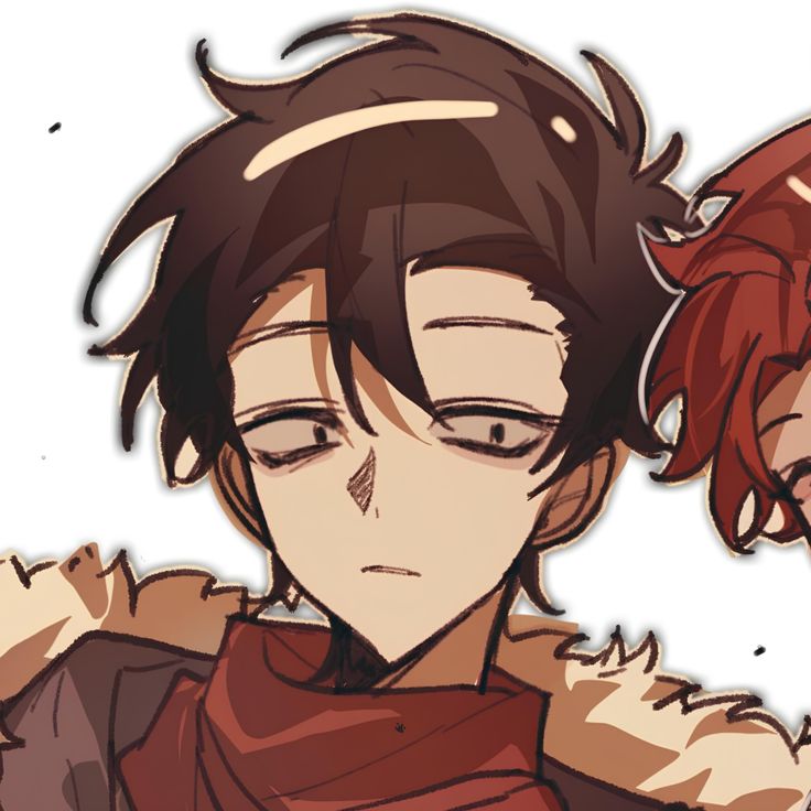 two anime characters one with red hair and the other without his eyes are half closed